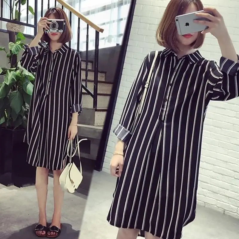 Long Sleeve Striped Printed Shirt Dress