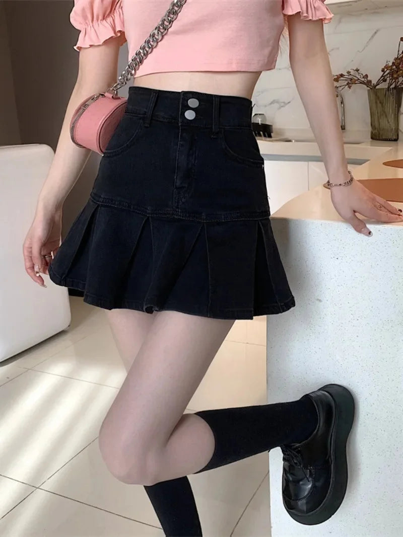 High Waist Denim Pleated A-Line Mini Skirt