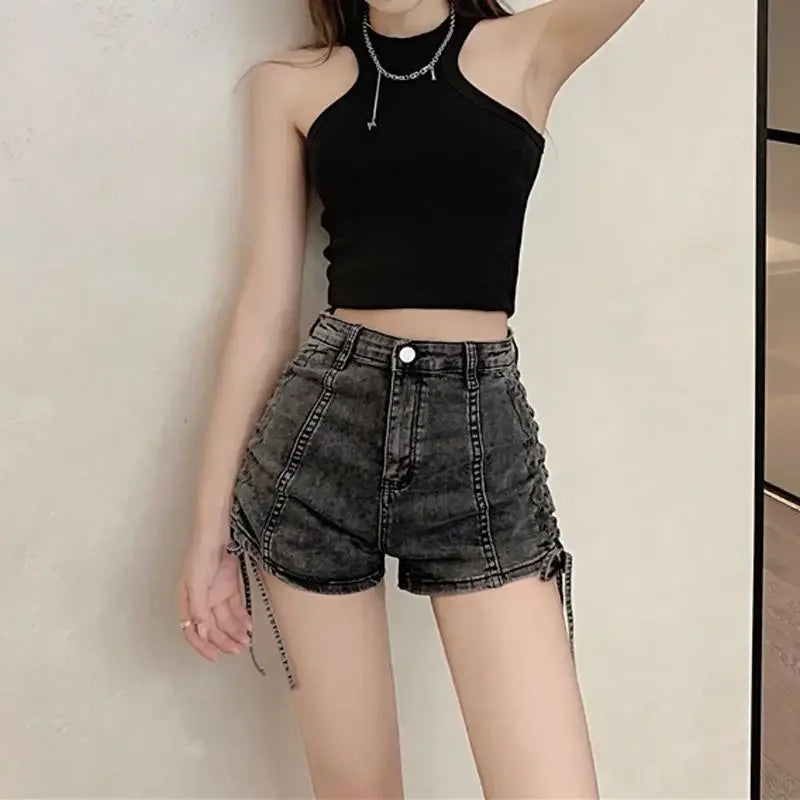 Ruched Drawstring Denim Shorts