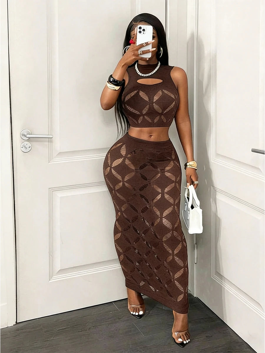See Through Mesh Hollow Out Crop Tank & High Waist Bodycon Mini Skirt Set