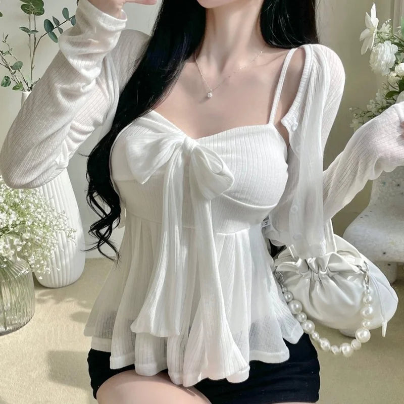 Sweetheart Bow Peplum Camisole & Bolero Cardigan Set