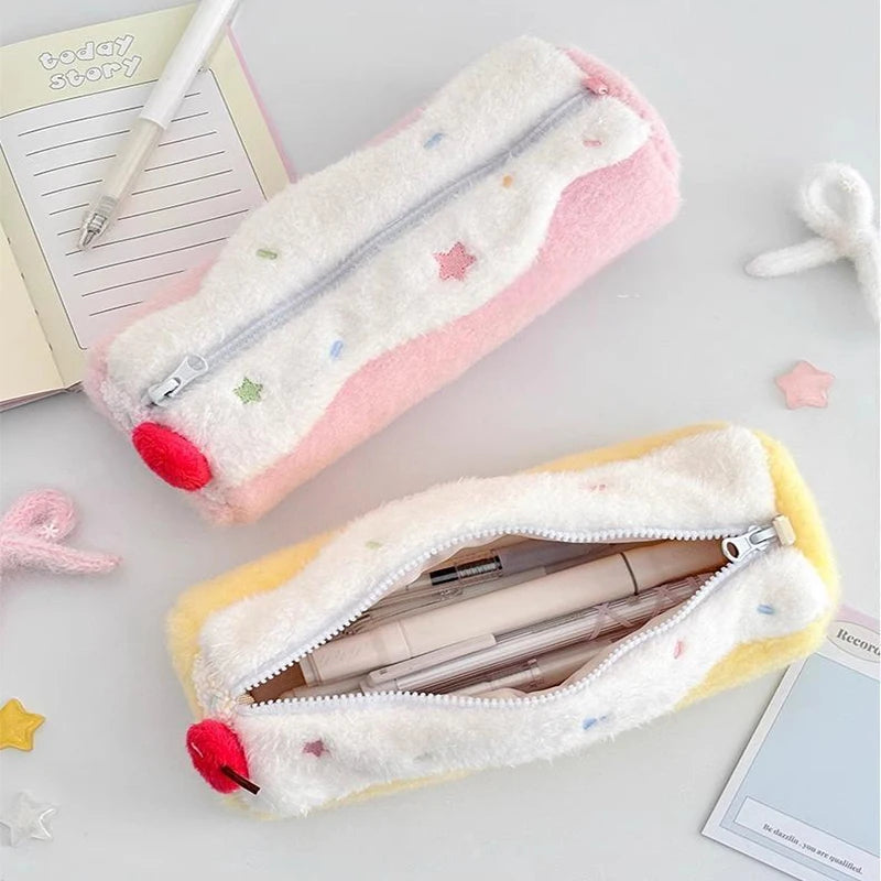 INS Fashion Korean Cream Swiss Roll Plush Pencil Case Student Desktop Storage Stationery Pen Bag Cute Girl Makeup Bag