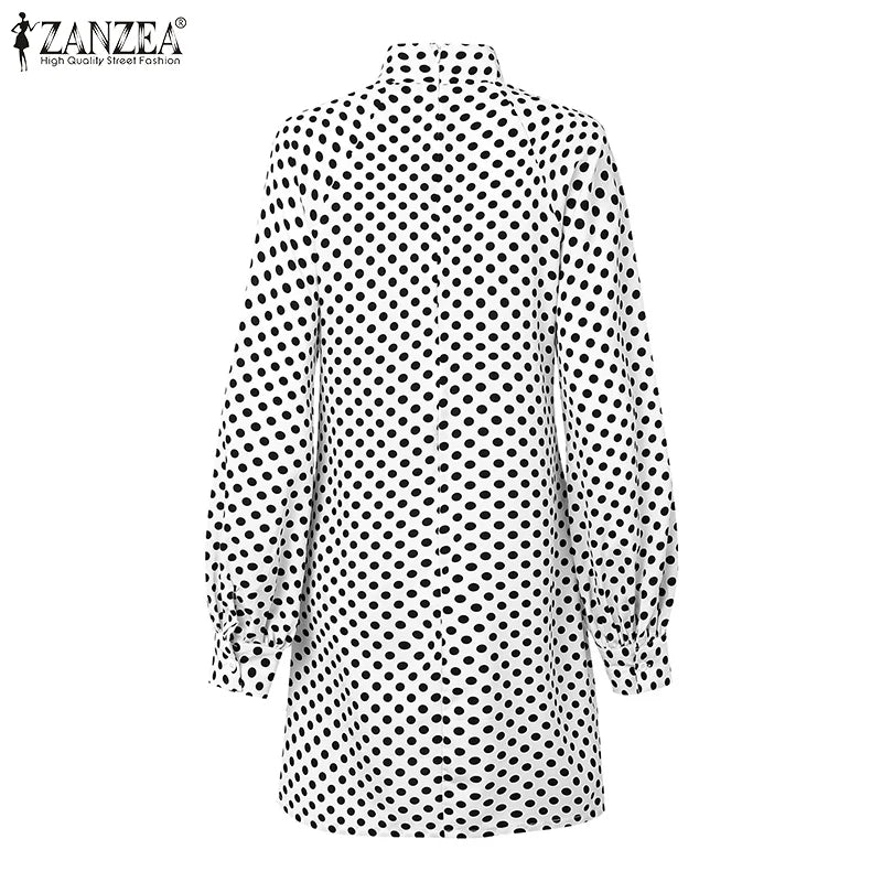 ZANZEA Turtle Neck Puff Sleeve Polka Dot Print Knee Length Dress