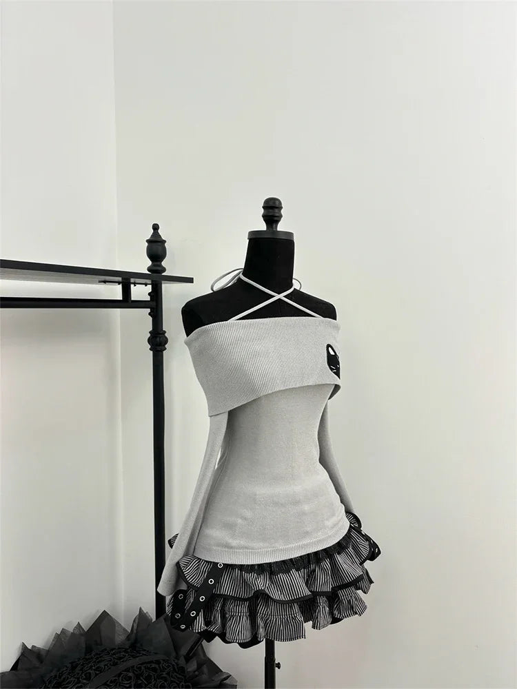 Cat Graphic Off-Shoulder Knit Top and Ruffled Skirt Two-Piece Set