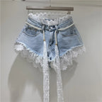 Crochet Lace Trim Slimming Raw Hem Denim Shorts + Pearl Belt