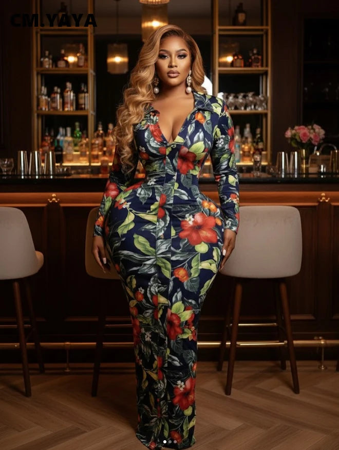 CM.YAYA Full Sleeve Floral Print Bodycon Long Dress