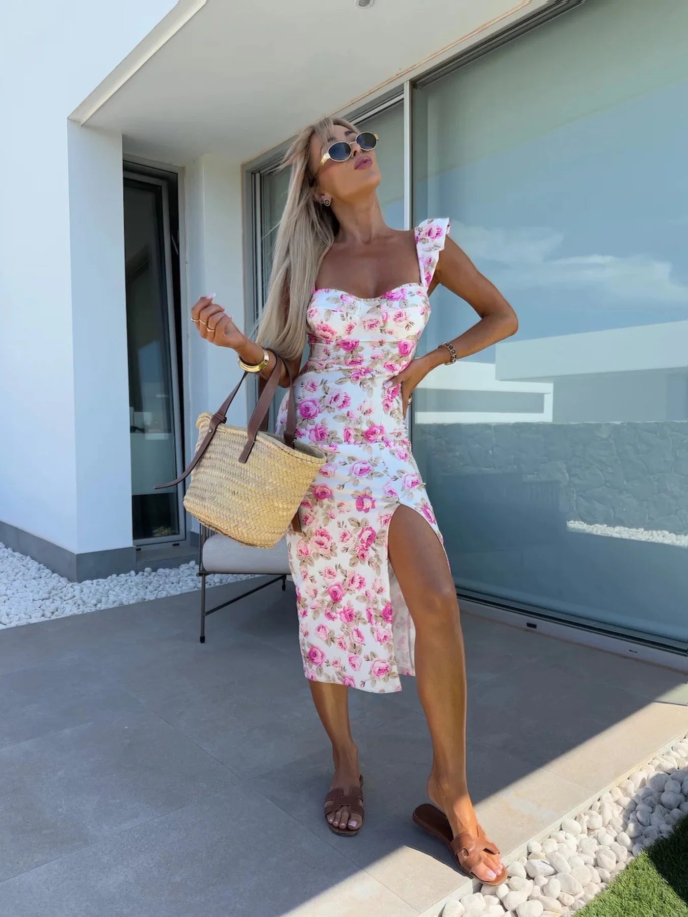 Flower Suspender Slit Midi-Length Dress