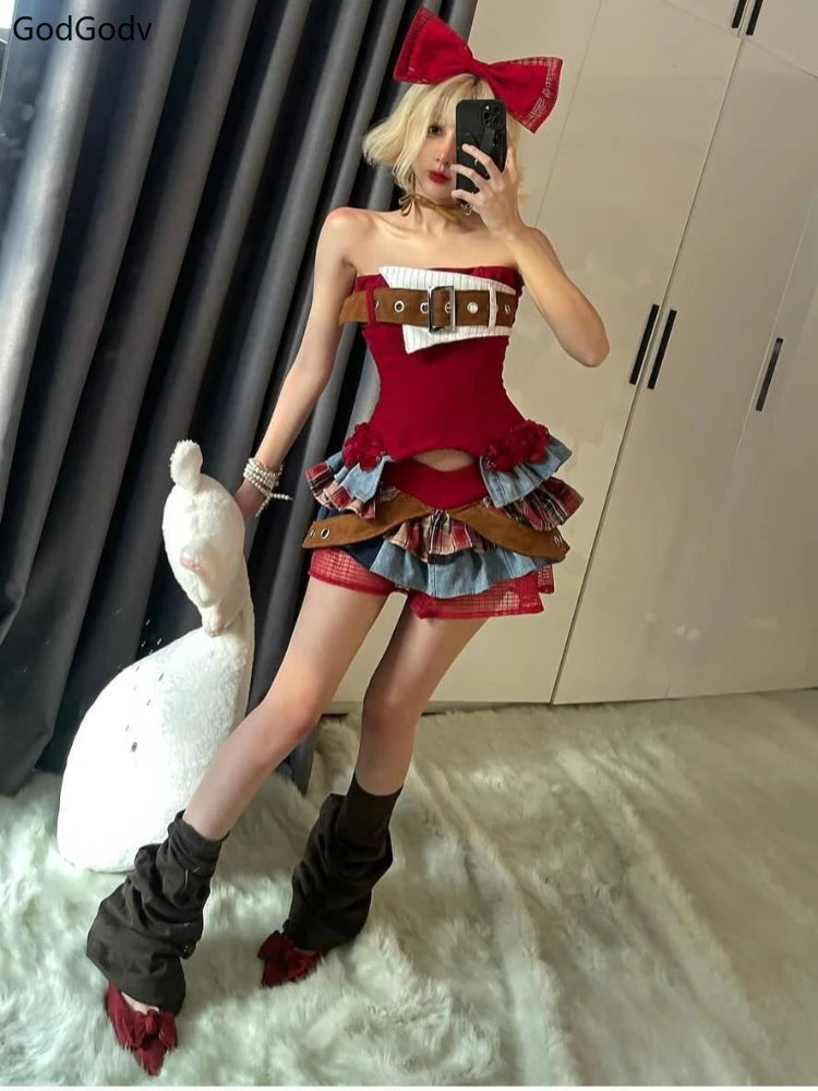 Preppy Style Vintage Red Denim Bustier Tops + Sweet Spicy Pure Design Mini Cake Skirt Set