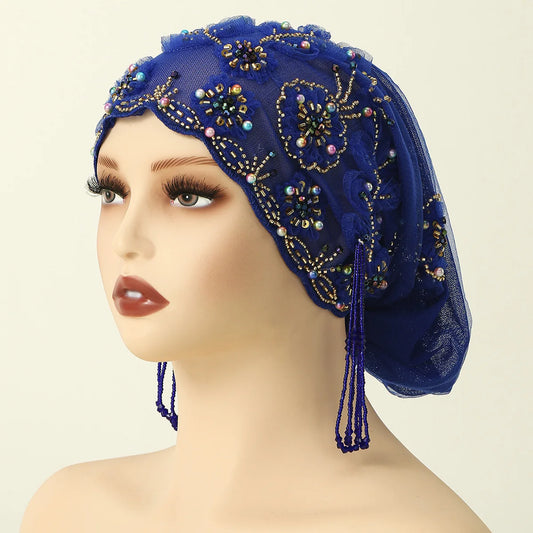 New Lace Embroidery Bonnet Turban Tassel Beaded Hat Women Muslim Hijab Beanies Islam Wedding Headscarf Party Wrap Turbante Mujer