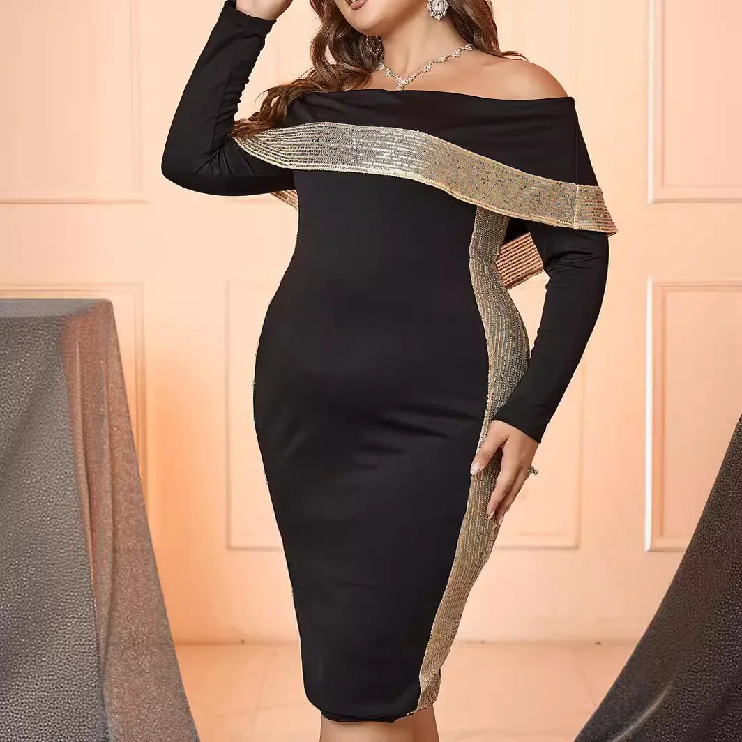 Long Sleeve One Shoulder Glitter Dress