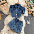 Short Sleeve Puff Sleeve Crop Top and Lace-Up High-Waisted Shorts Set
