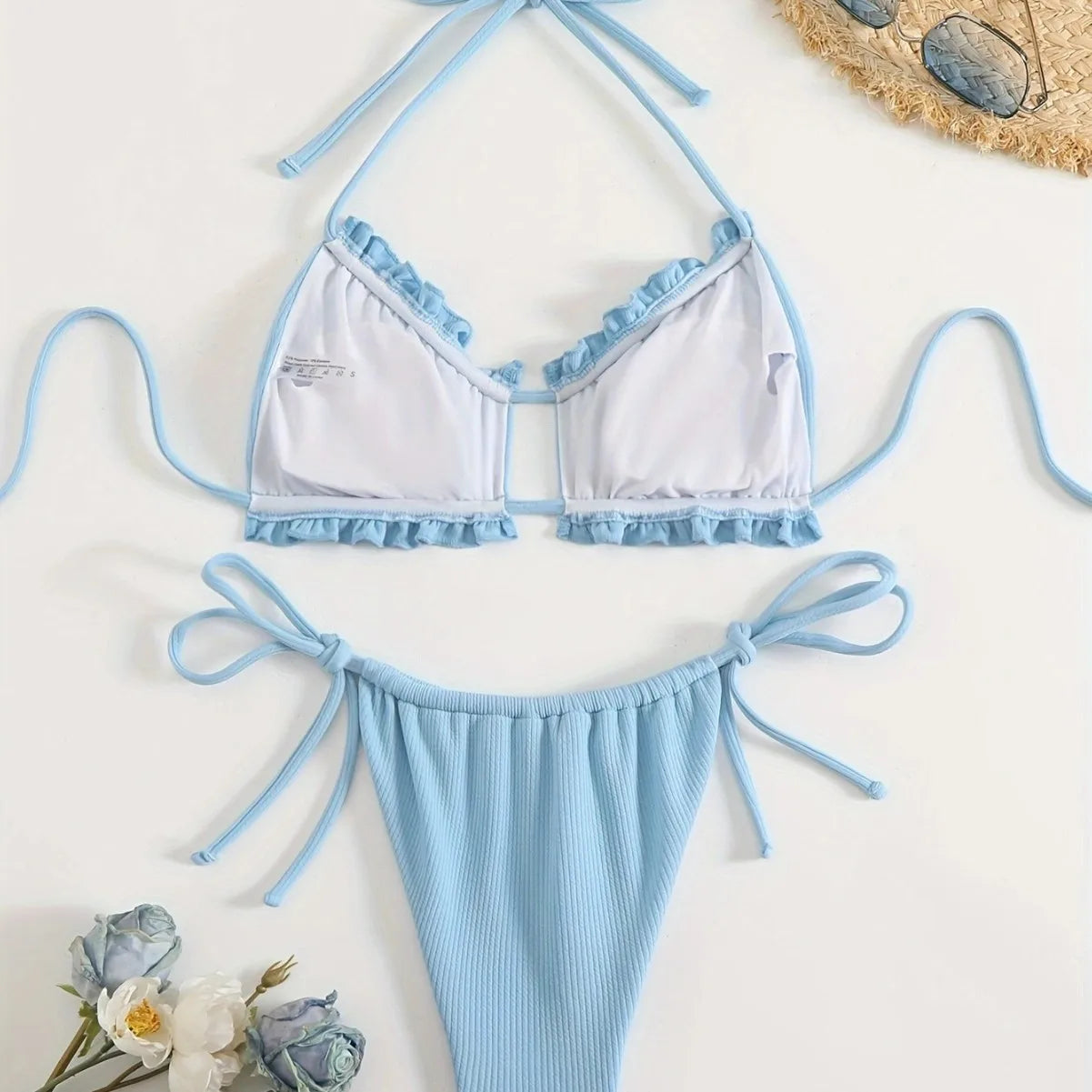 Ribbed Halter Bikini Set with Ruffle Trim and Side-Tie Bottoms
