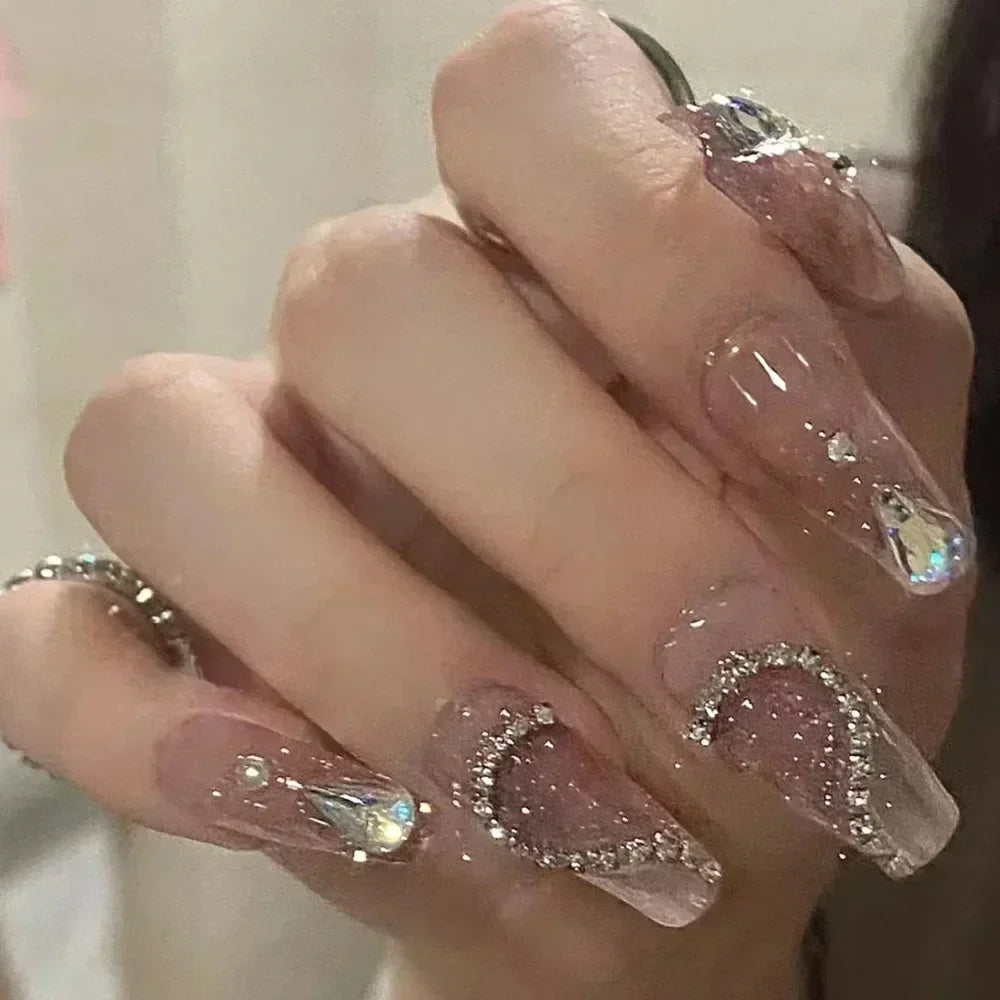 24Pcs Pink Ballet False Nails Long Coffin with Rhinestone Love Heart Wearable Fake Nails Full Cover Press on Nails Tips Glitter