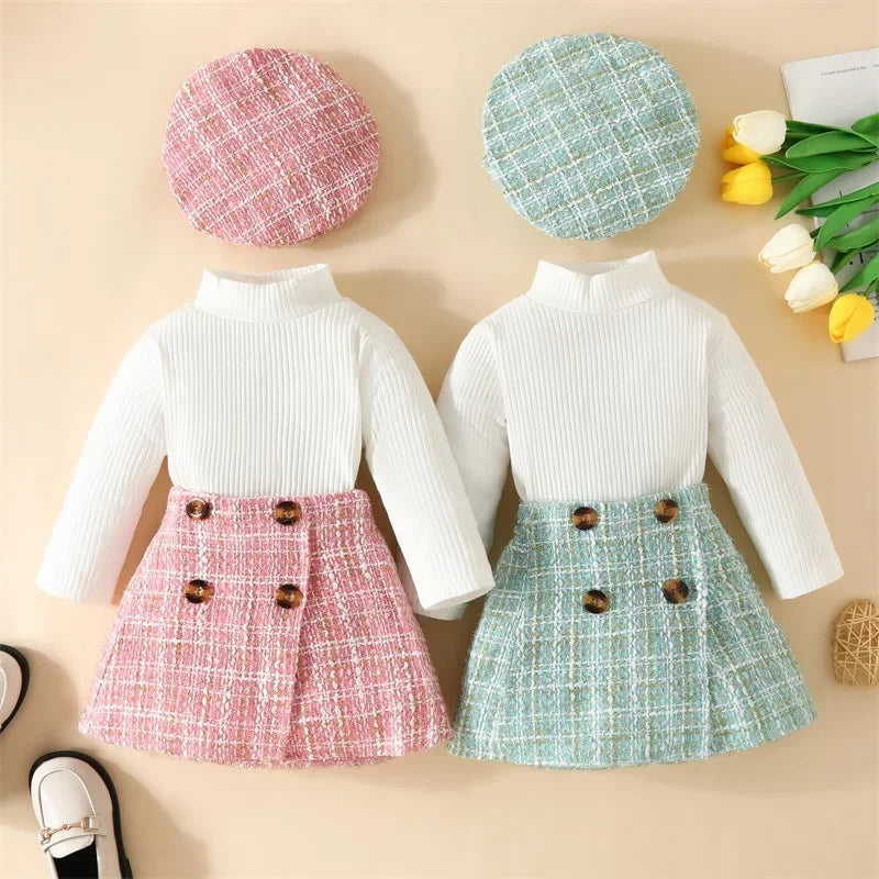 Long Sleeve Tops Plaid Pattern Skirt Beret 3 Piece Set
