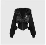 Faux Fur Trim Corset Zip-Up Hoodie