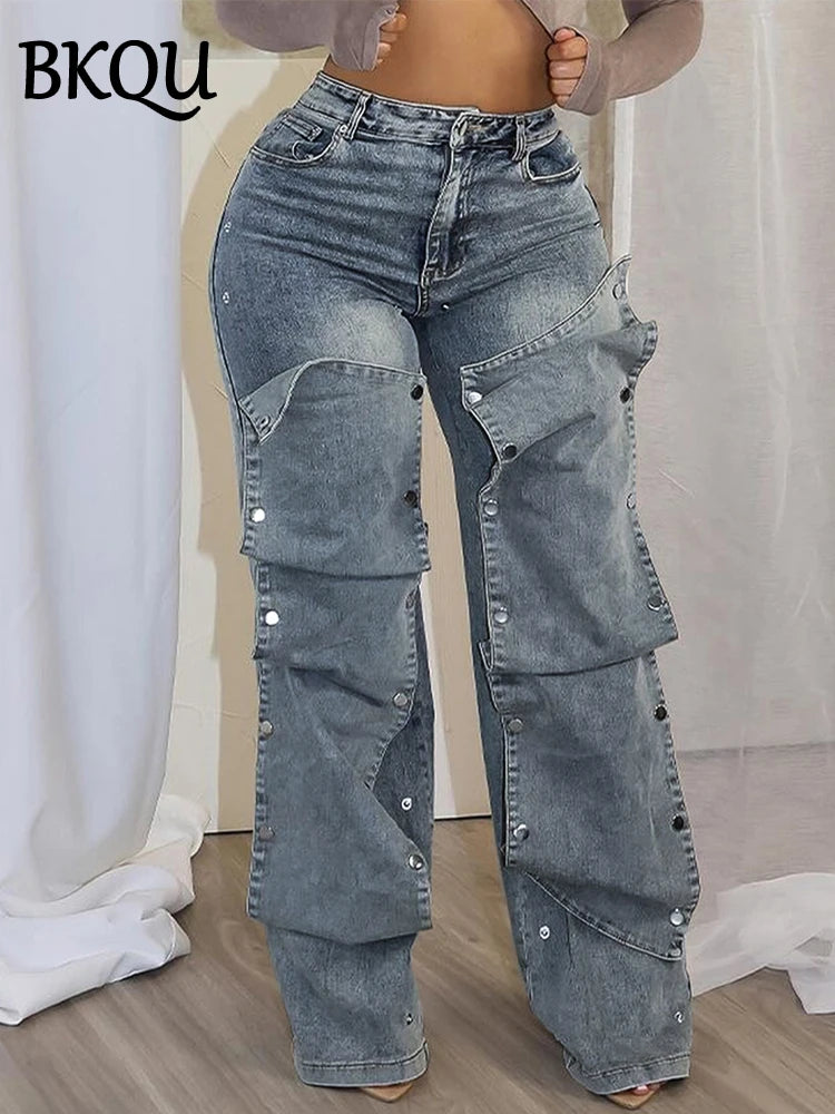 High-Waisted Wide-Leg Cargo Jeans with Snap Button Overlays