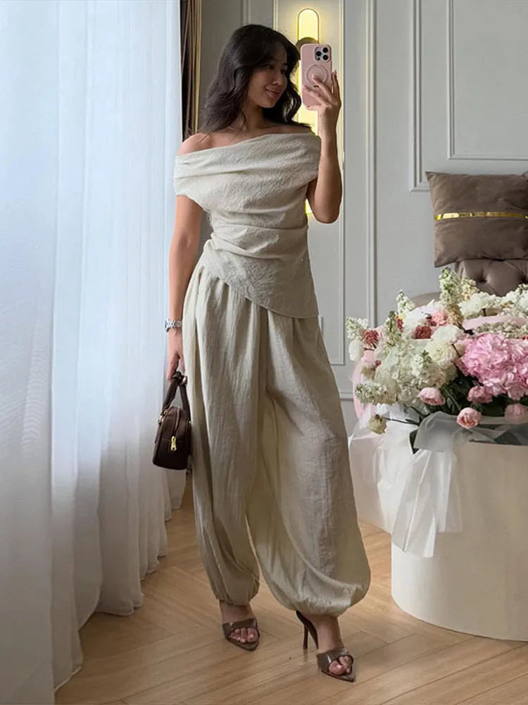 Off-Shoulder Draped Top & Tapered Pant Set