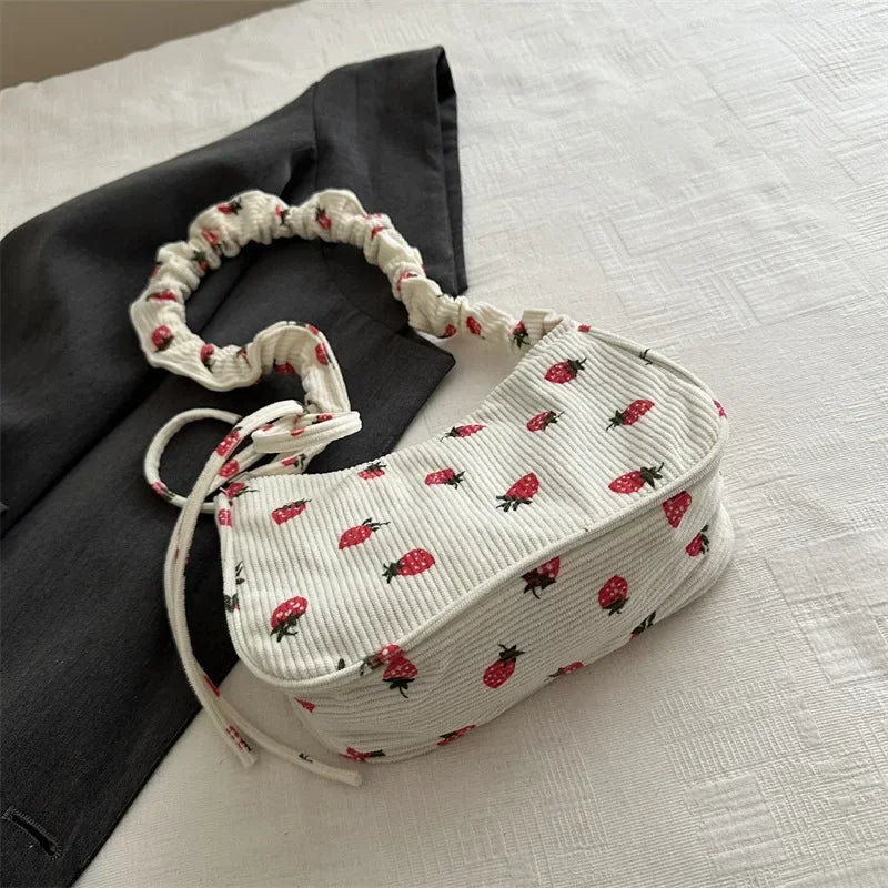 Strawberry Print Half Moon Tote