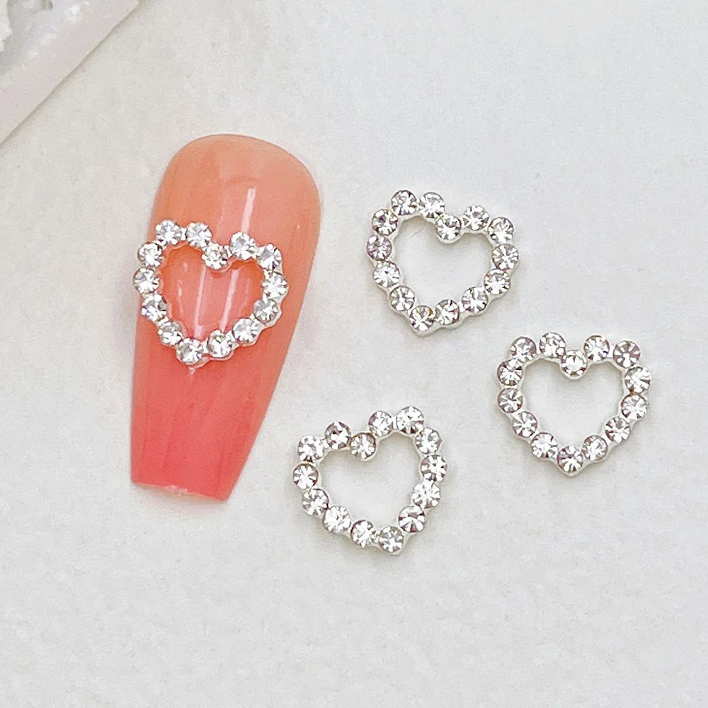 10pcs Metal Heart Nail Charms Red Pink Silver Diamond Nail Parts for Manicure Decoration Accessories Hollow Out Love Charms