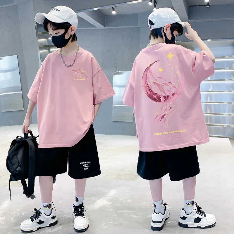 韓国子供服 2025年夏 Tシャツ クジラ漫画柄トップス ファッション 男の子 半袖 綿Tシャツ 女の子服