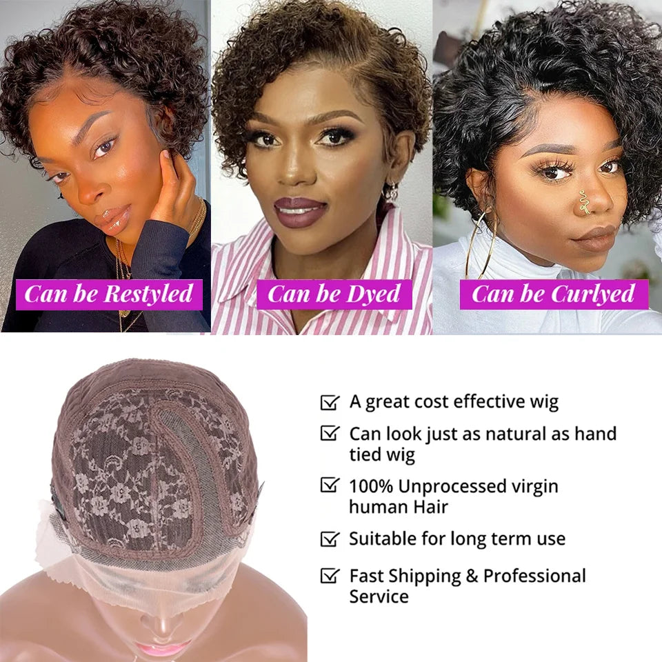ショートボブウィッグ ピクシーカットウィッグ カール人毛ウィッグ レディース 13x1 レースフロントウィッグ ペルー産ディープウェーブ レースウィッグ プレプラックド生え際