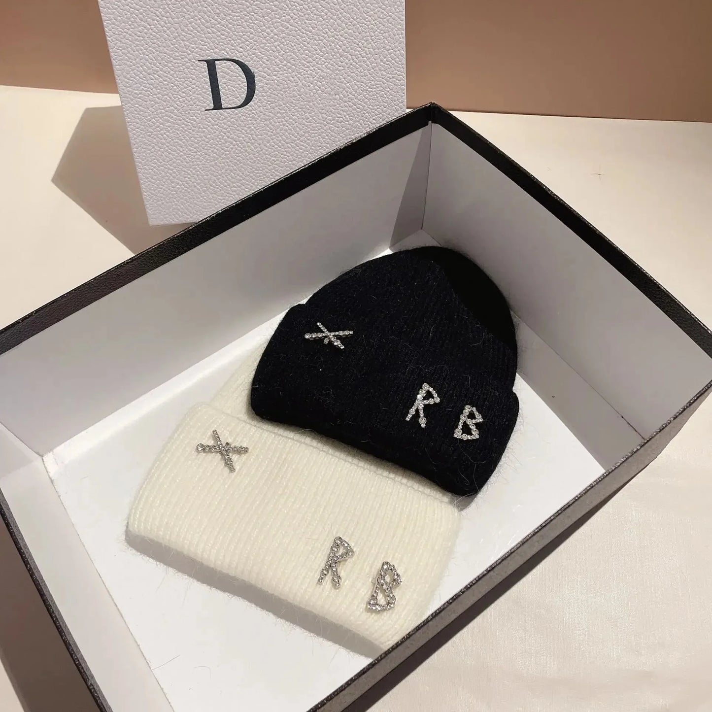Real Rabbit Fur Diamonds Letter Beanie
