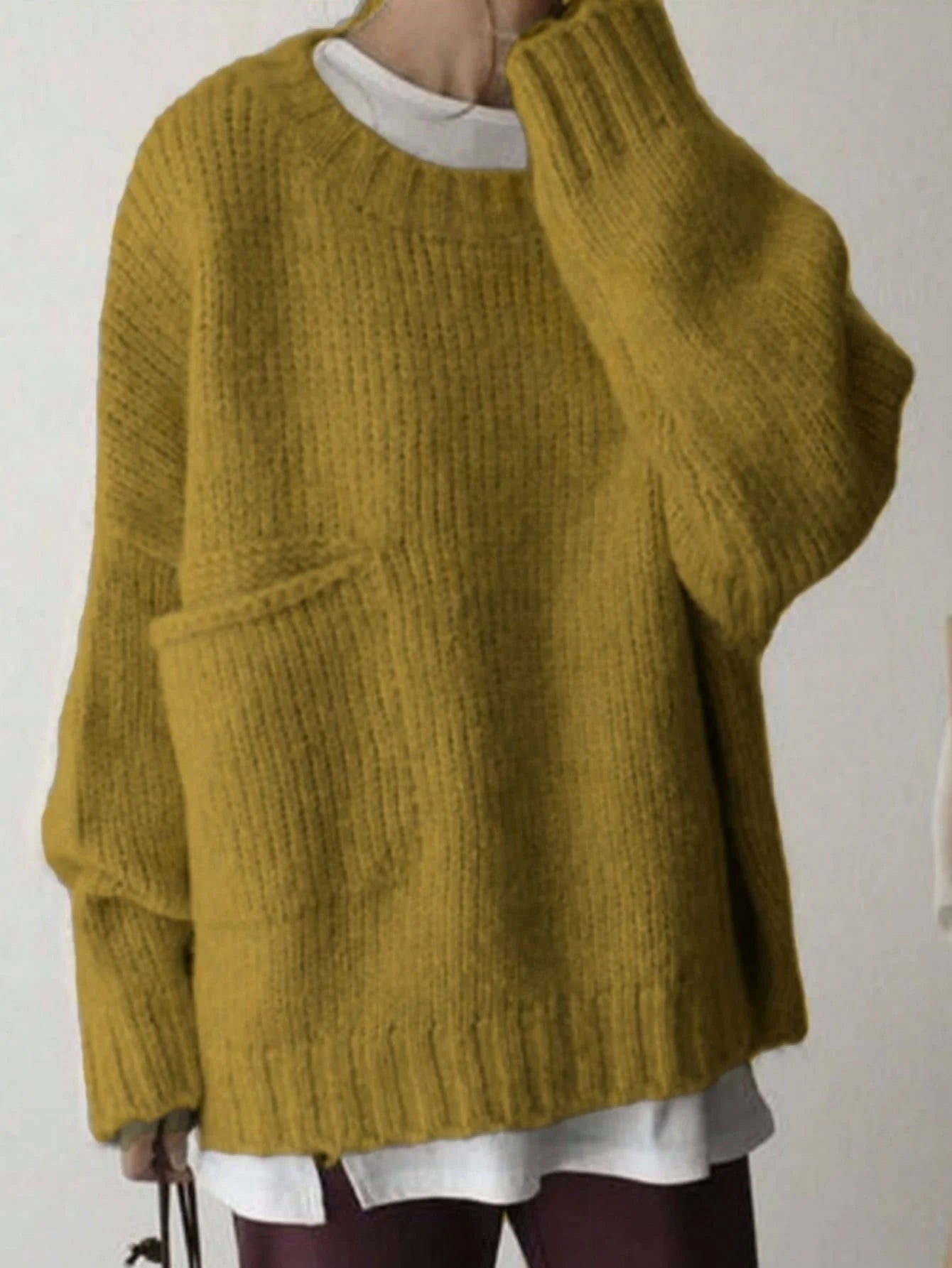 Crew Neck Long Sleeve Pullover Sweater with Side Pockets