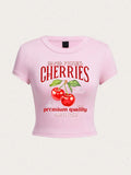 Hand Picked Cherries Prints Short Sleeve Stretch Soft O-Neck Tee