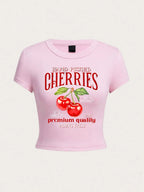 Hand Picked Cherries Prints Short Sleeve Stretch Soft O-Neck Tee