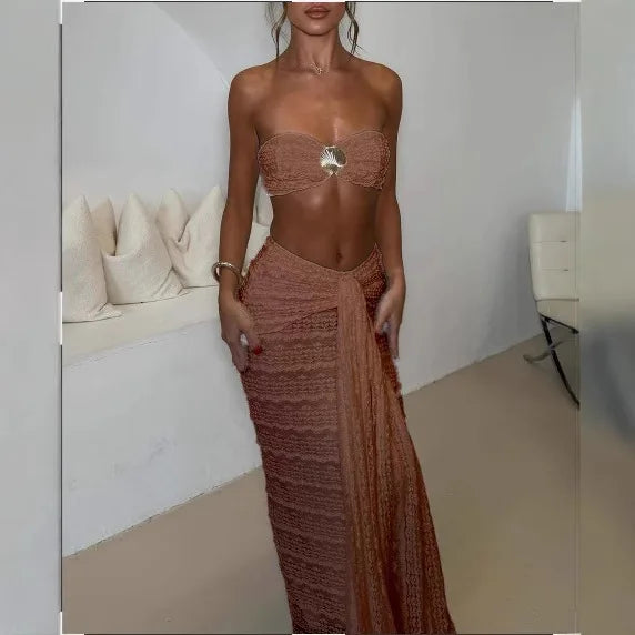Solid Color Casual Trendy Lace Set