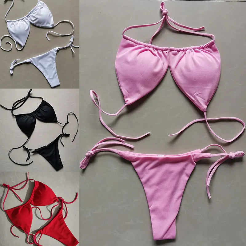 Solid Color Ruched String Bikini