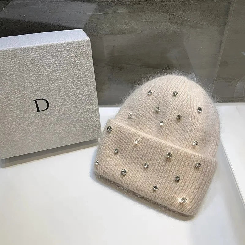 Luxury Rhinestone Rabbit Hair Knitted Beanie