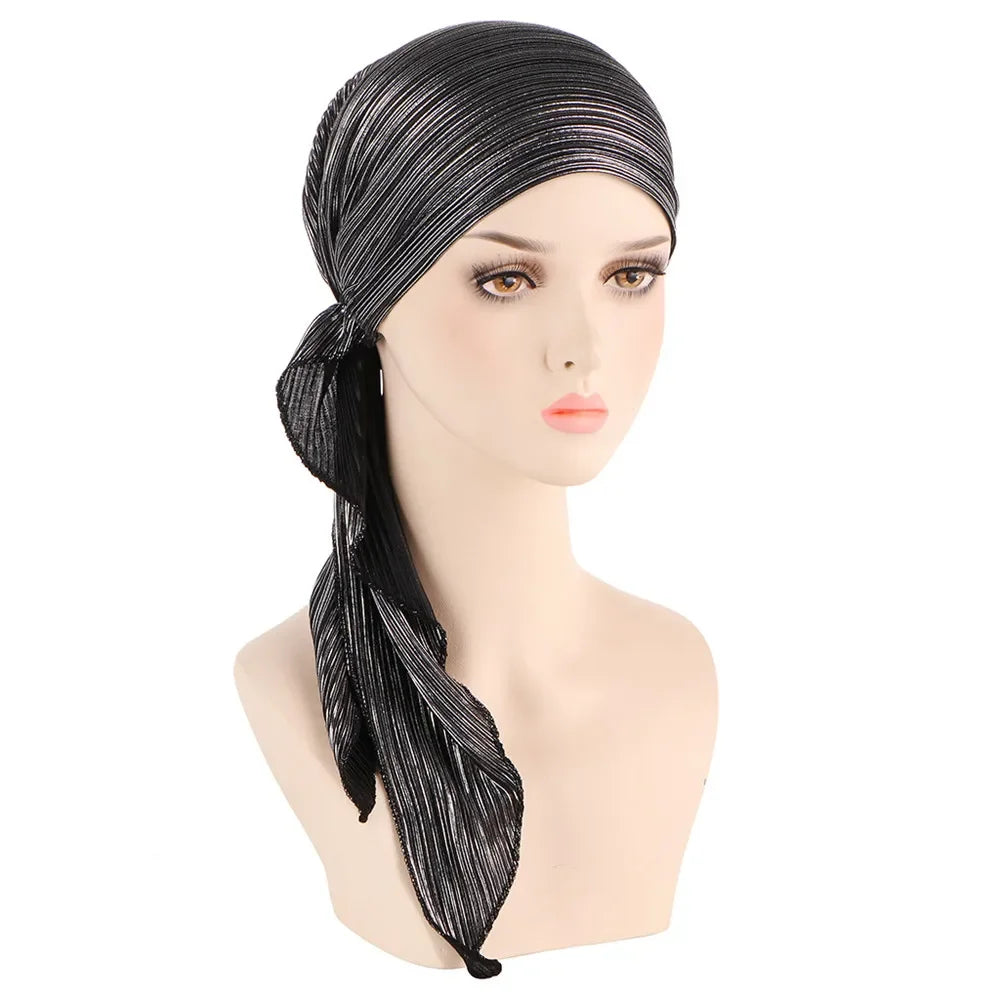 Shiny Glitter Elastic Solid Color Pre-Tied Hijabs Wrap Head Scarf Muslim Turban Bonnet for Women Inner Hat Turbantes Caps Mujer
