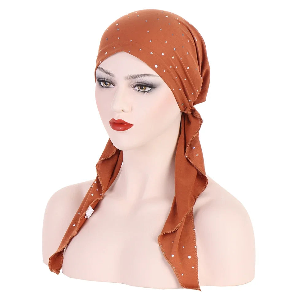 Shiny Glitter Elastic Solid Color Pre-Tied Hijabs Wrap Head Scarf Muslim Turban Bonnet for Women Inner Hat Turbantes Caps Mujer