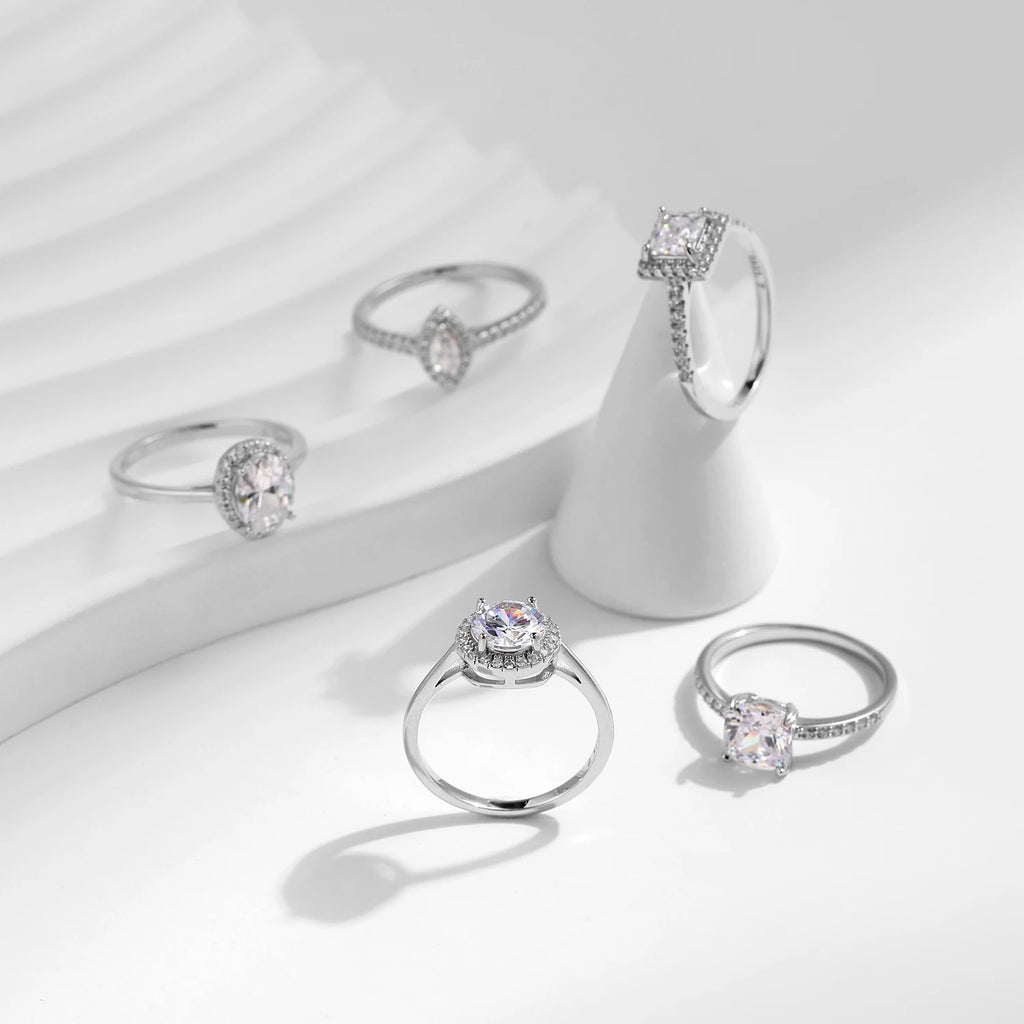 925 Sterling Silver Classic Geometric Round Oval Shape Zirconia Ring