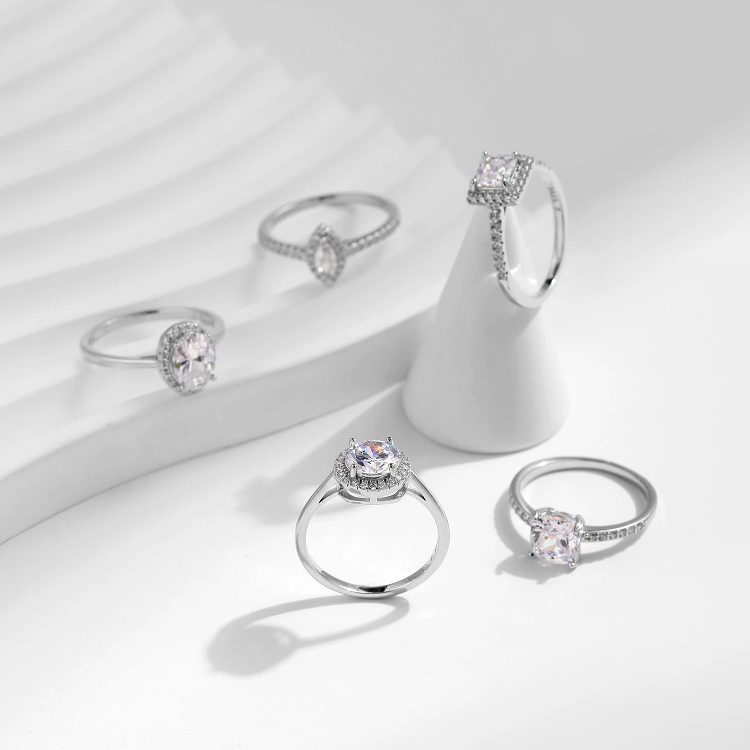 925 Sterling Silver Classic Geometric Round Oval Shape Zirconia Ring