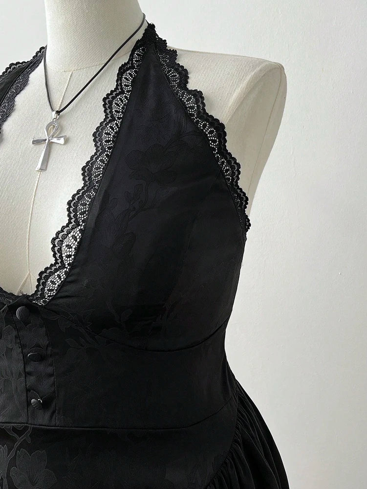 Jacquard V-Neck Lace Back Cutout Dress