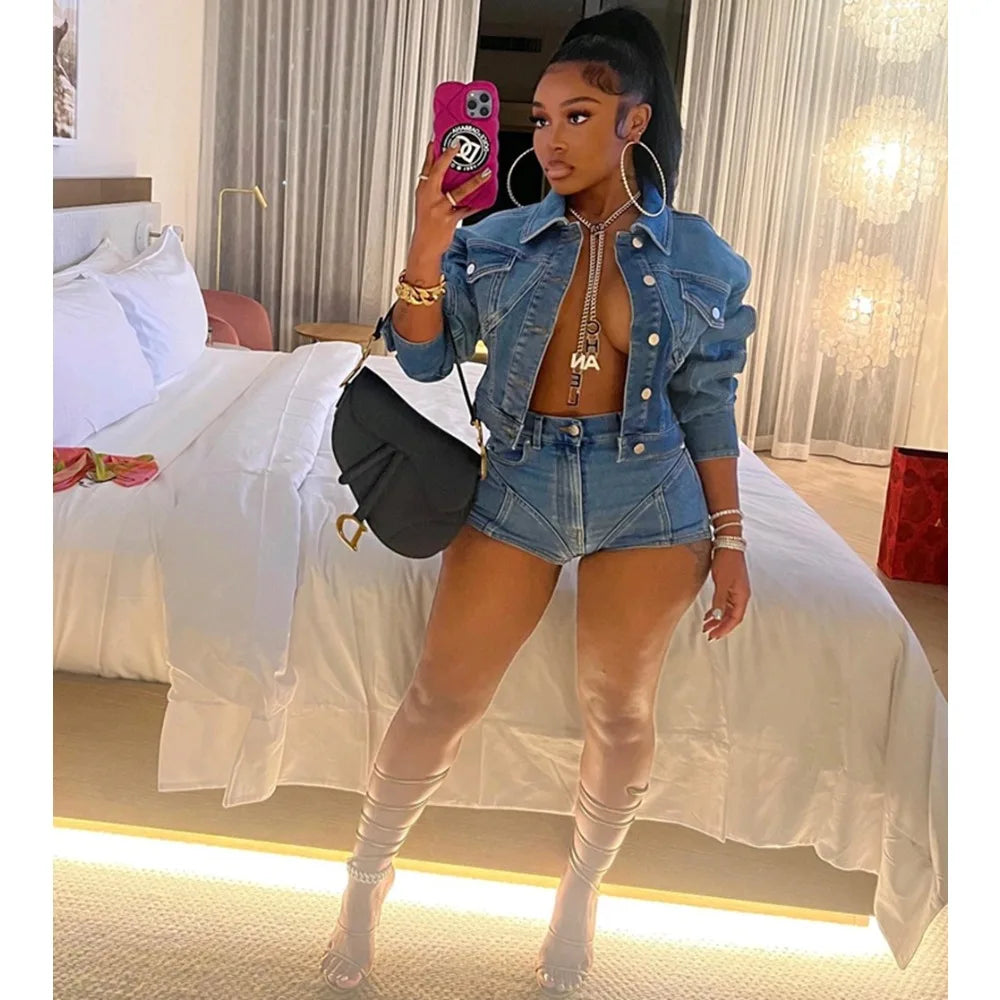 Denim Jacket Shorts Two Piece Set