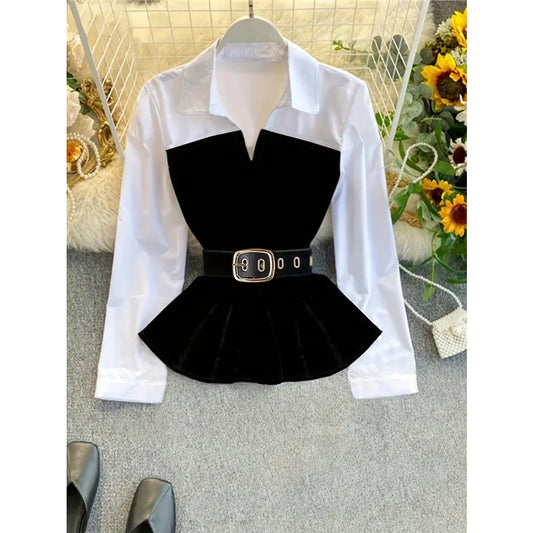 Two Tone Peplum Belted Shirt