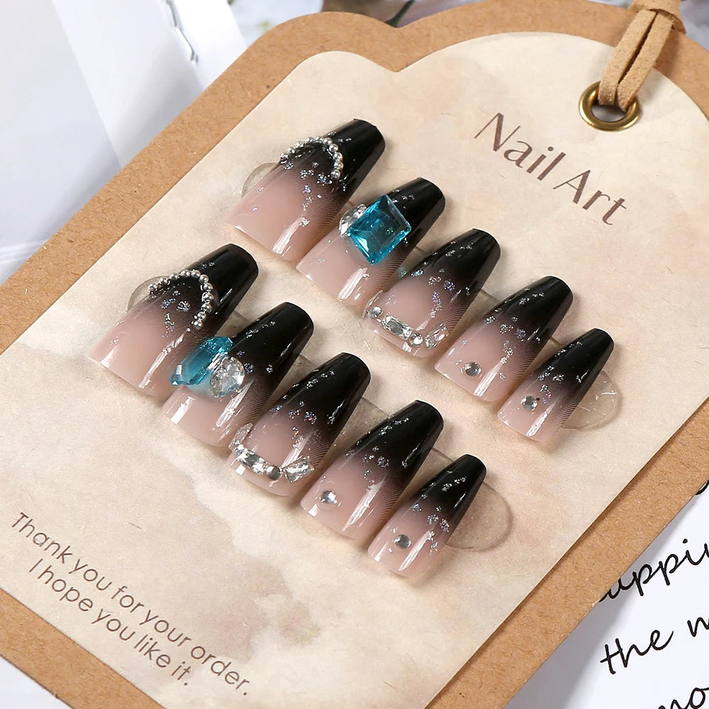 24pcs/box black press on nail tips 3D Heart Bow Rhinestone Y2k Long Ballet Fake Nails Full Cover Wearable Glossy DIY False Nails