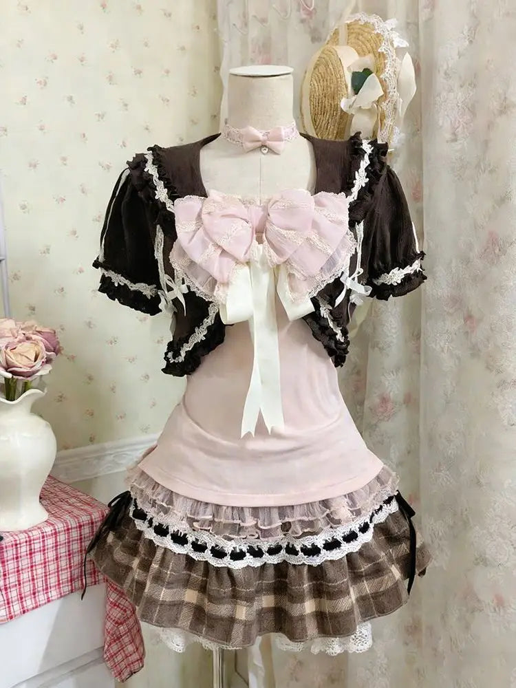 Casual Bow Top + Brown Lace Cardigan + Plaid Ruffle Skirt Set