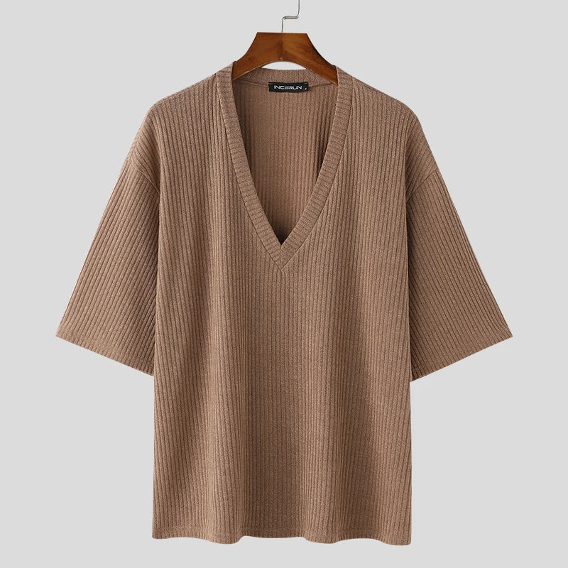 V Neck Half Sleeve Solid Color Ribbed Knitted Shirt