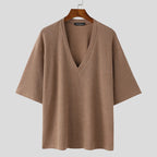 V Neck Half Sleeve Solid Color Ribbed Knitted Shirt