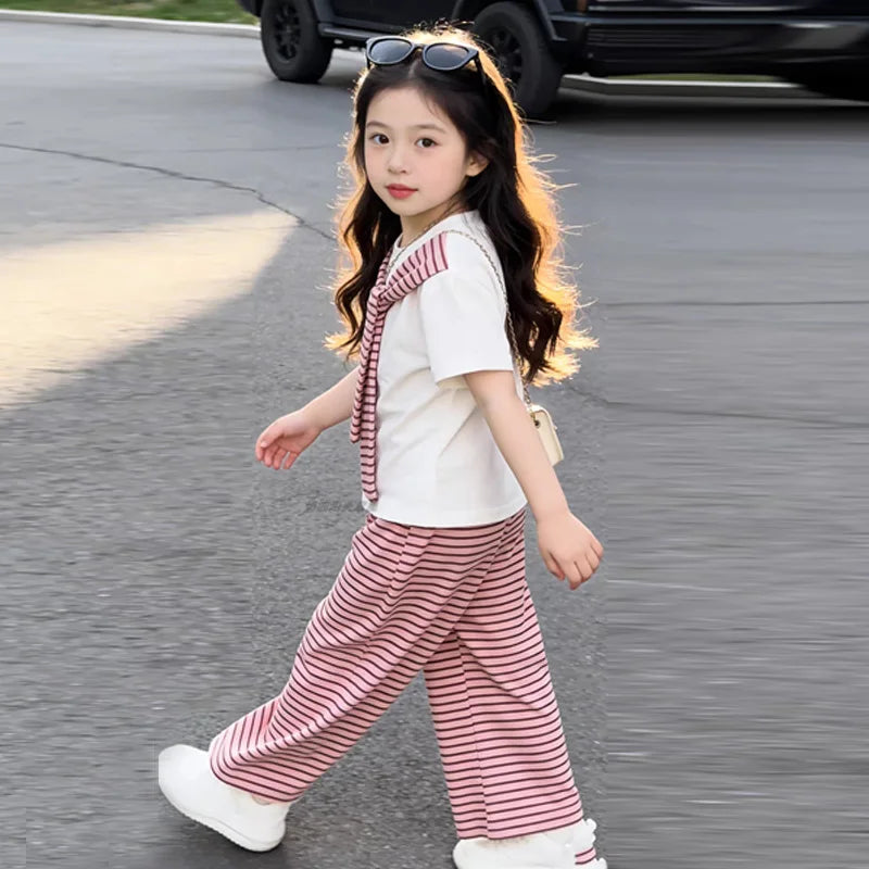 Short-sleeved Stripes Shawl + Wide-leg Pants Set