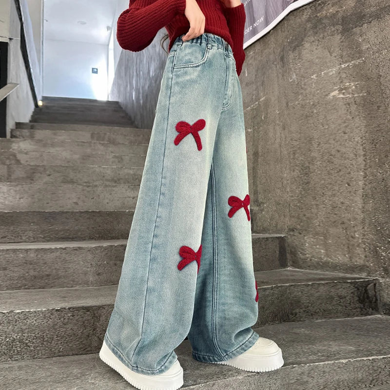 Bow Print Lining Plush Wide-Leg Denim Pants