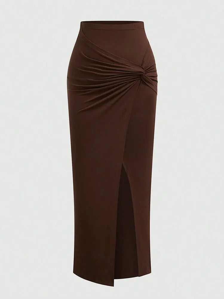 High-Waist Knitted Ruched High-Slit Midi Skirt