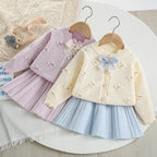 Flower Bow Knitted Cardigan + Short Skirt Set