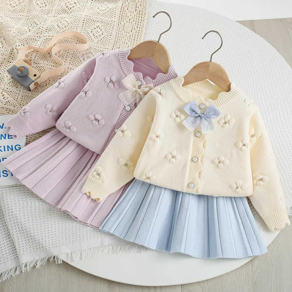 Flower Bow Knitted Cardigan + Short Skirt Set