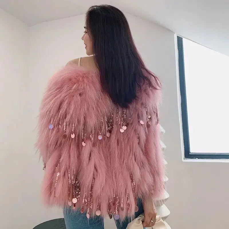 Faux Fox Fur Grass Sequined Tassels Coat