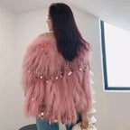 Faux Fox Fur Grass Sequined Tassels Coat